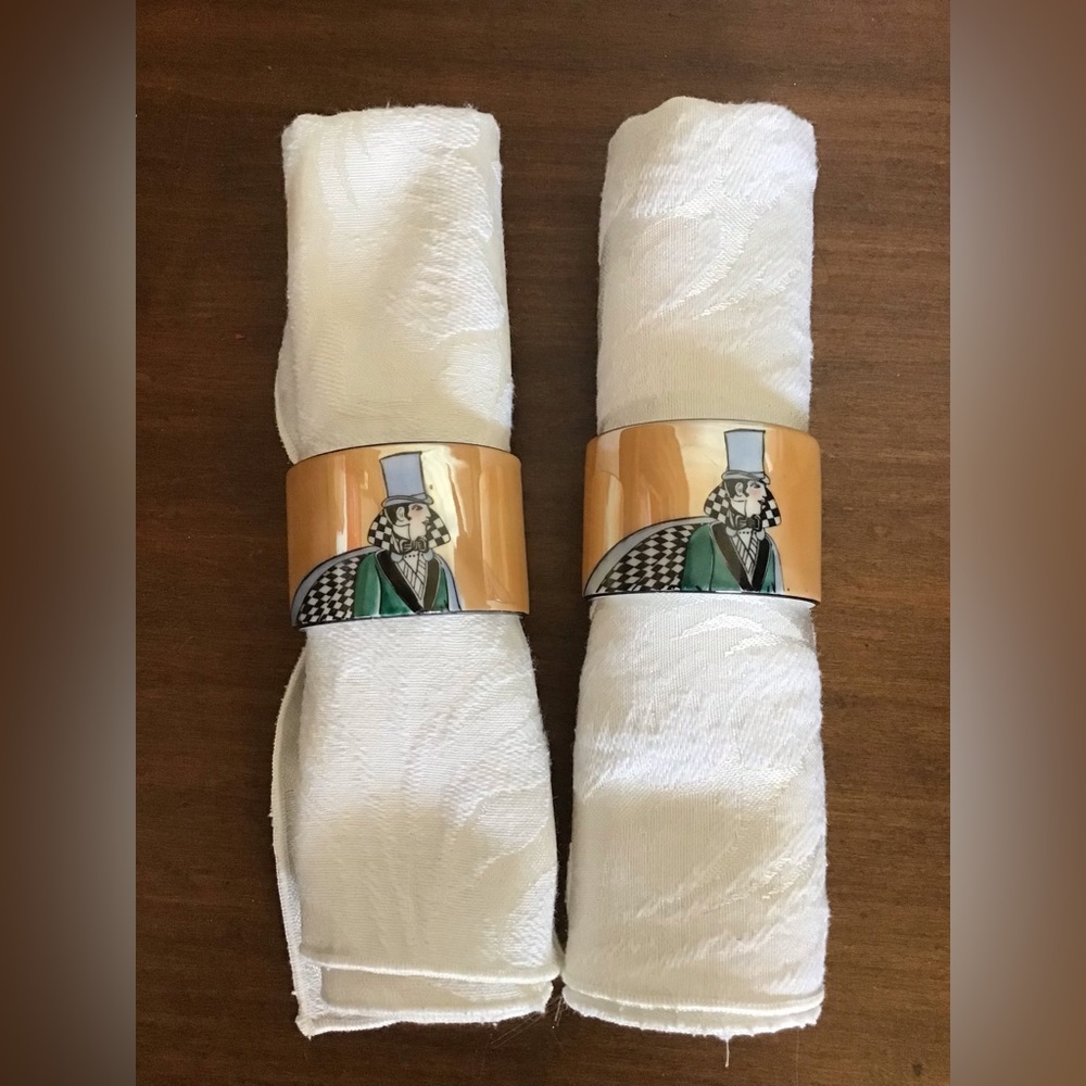 Antique Art Deco Noritaki Napkin Rings. Man with checkered cap